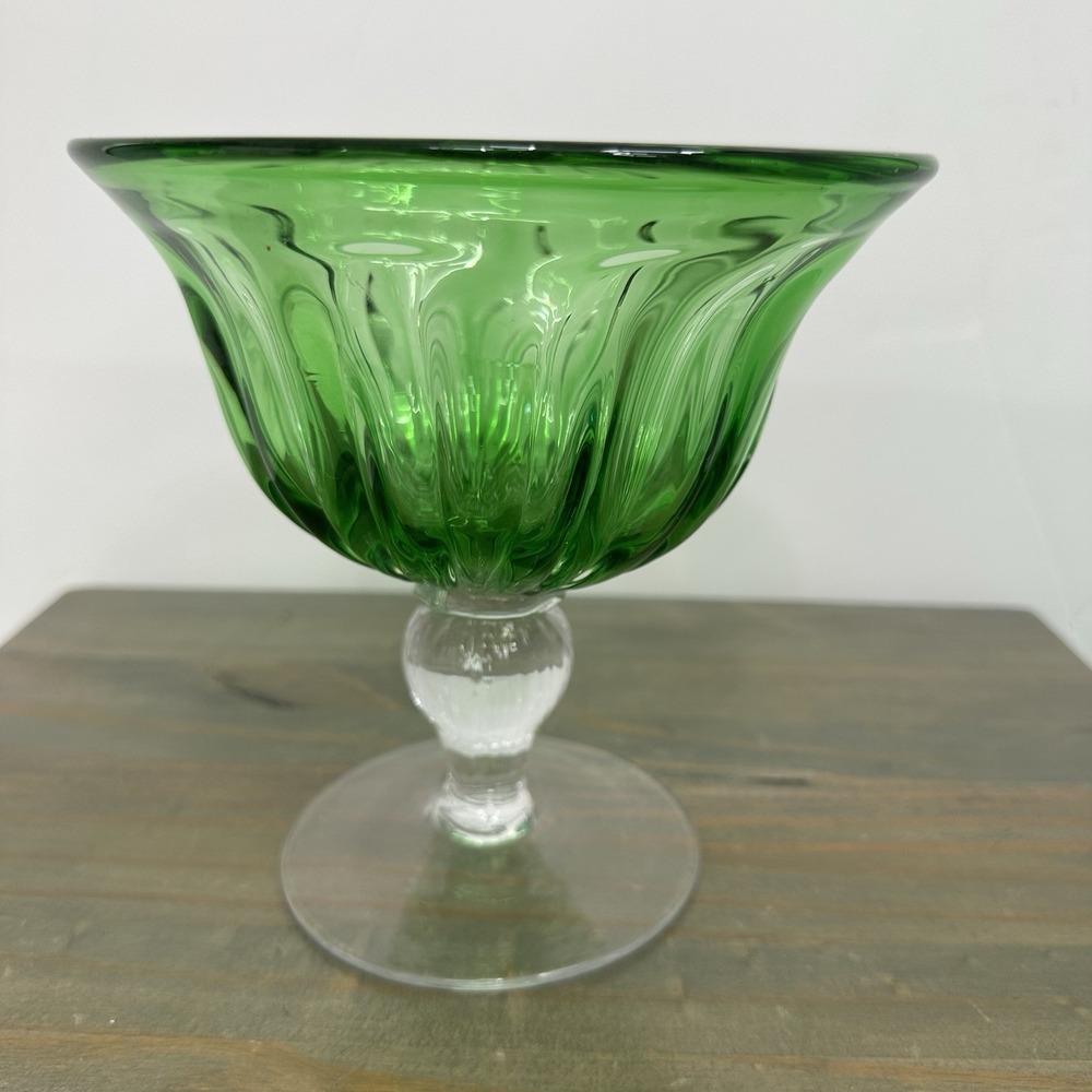 Vintage Emerald Green Handblown Glass Compote Candy Dish Clear Pedestal